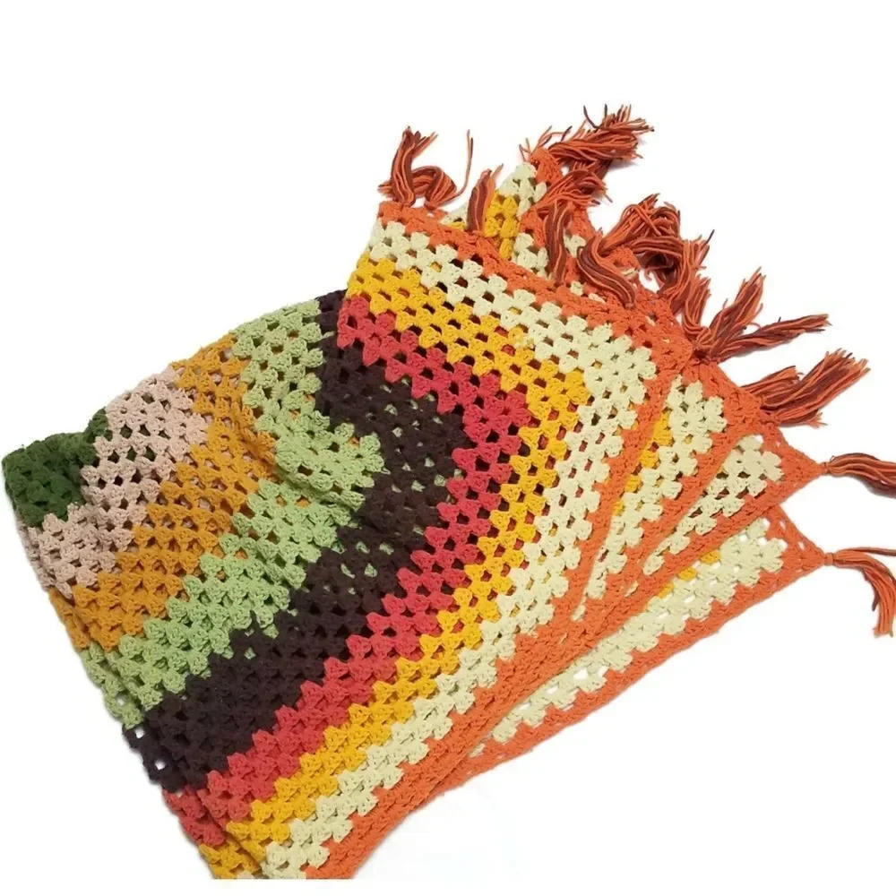 VINTAGE 1970s Handmade Crochet Fall Fringe Granny Square Afghan Throw Blanket